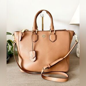 Tory Burch Robinson Pebbled Leather Square Tote in Tigers Eye (Tan) - EUC